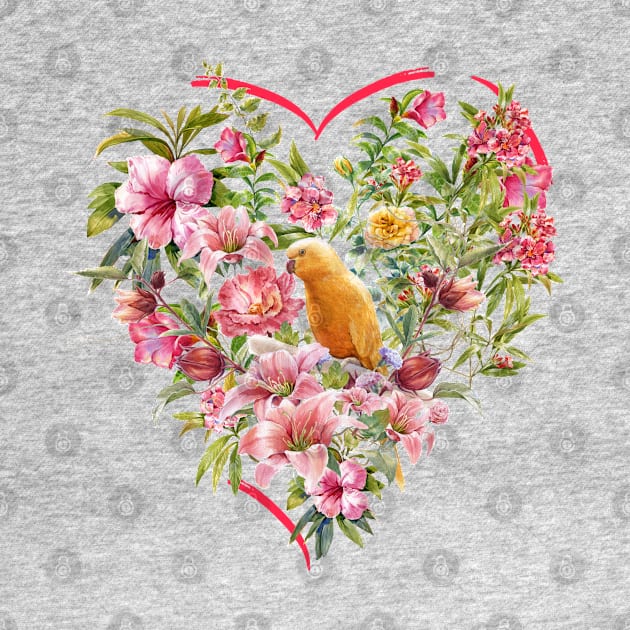 Floral Heart with Yellow Budgie Bird by Biophilia